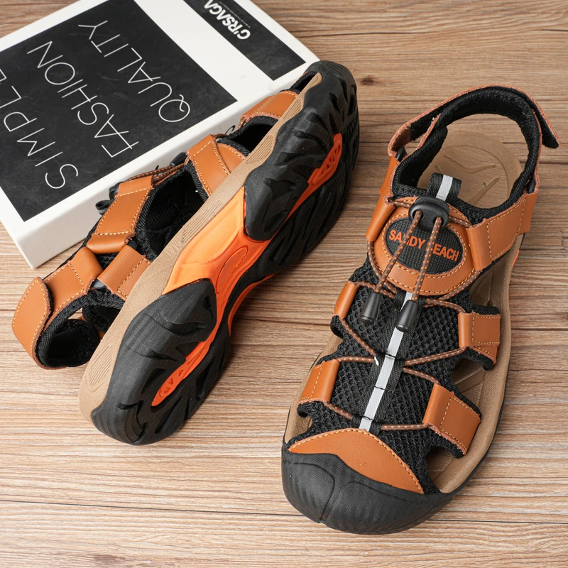 Summer Khaki Mesh Genuine Leather Beach shoes Couple's sandals Men Outdoor Full-grain leather Light Walking Shoe Slippers Woman