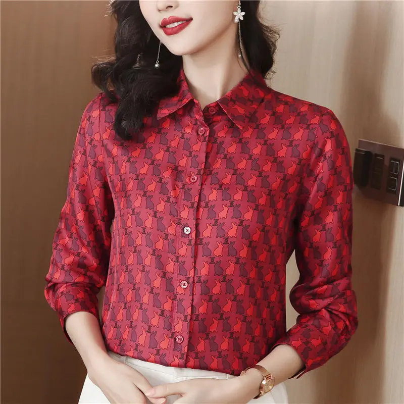 French Shirt for Women 2024 Spring and Autumn New Fashion Temperament Twill Silk Printed Rabbit Shirt Top for Women