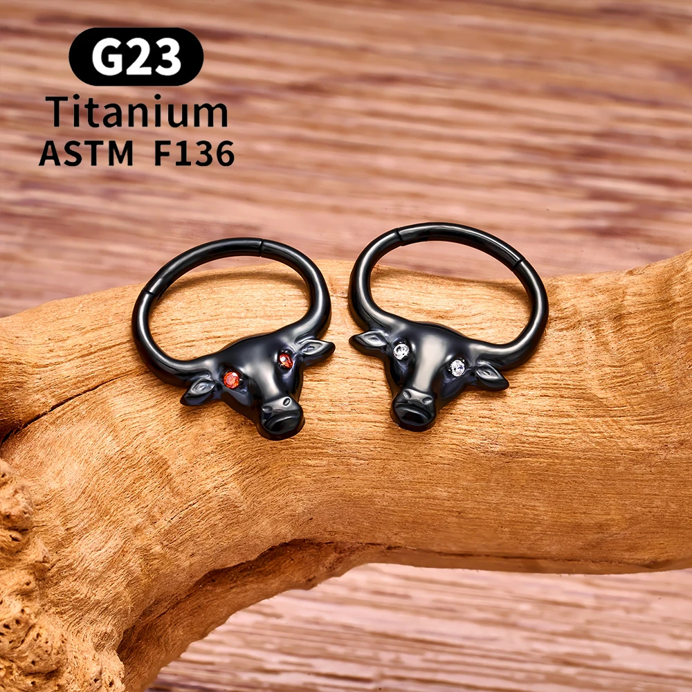 G23 Titanium Bull Head Design Piercing Septum Nose Ring Hoops 16G CZ Ear Cartilage Tragus Helix Earrings Men Women Body Jewelry