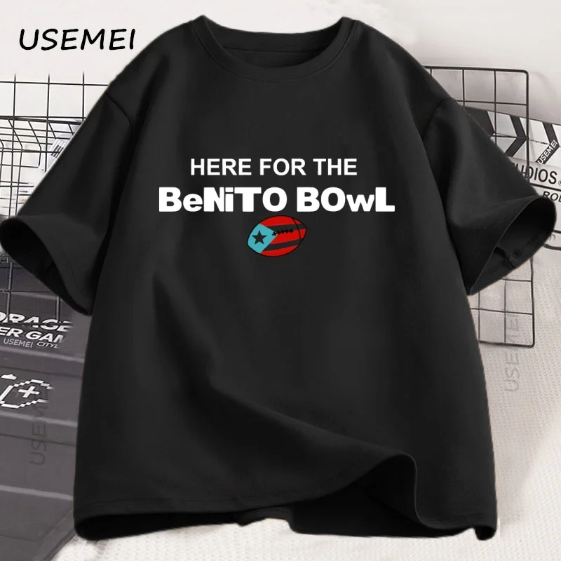 هنا لـ Benito Bowl التي شيرت بورتوريكو لكرة القدم تي شيرت باد باني Superbowl نصف الوقت تي شيرت الرجال النساء القطن المطبوع القمم