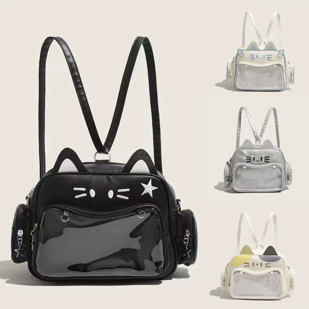 

New Korean Kawaii Cat Bag Cute PU Shoulder Bag Girls Transparent Pocket Harajuku Crossbody Bag Women's Fashion Backpacks