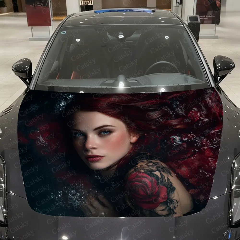 Red Haired Tattooed Girl PVC Sticker For Car Hoods, Long-Lasting Car Accessories For Hood Packaging