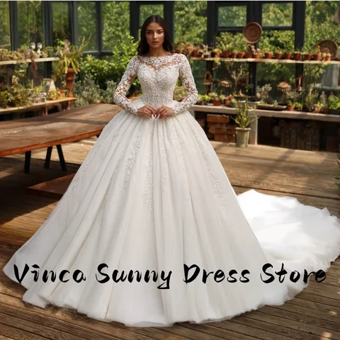 Vestido de novia personalizado, exquisito, encantador, de manga larga, línea A, apliques de encaje con cuentas, cola de corte, vestido de novia de princesa