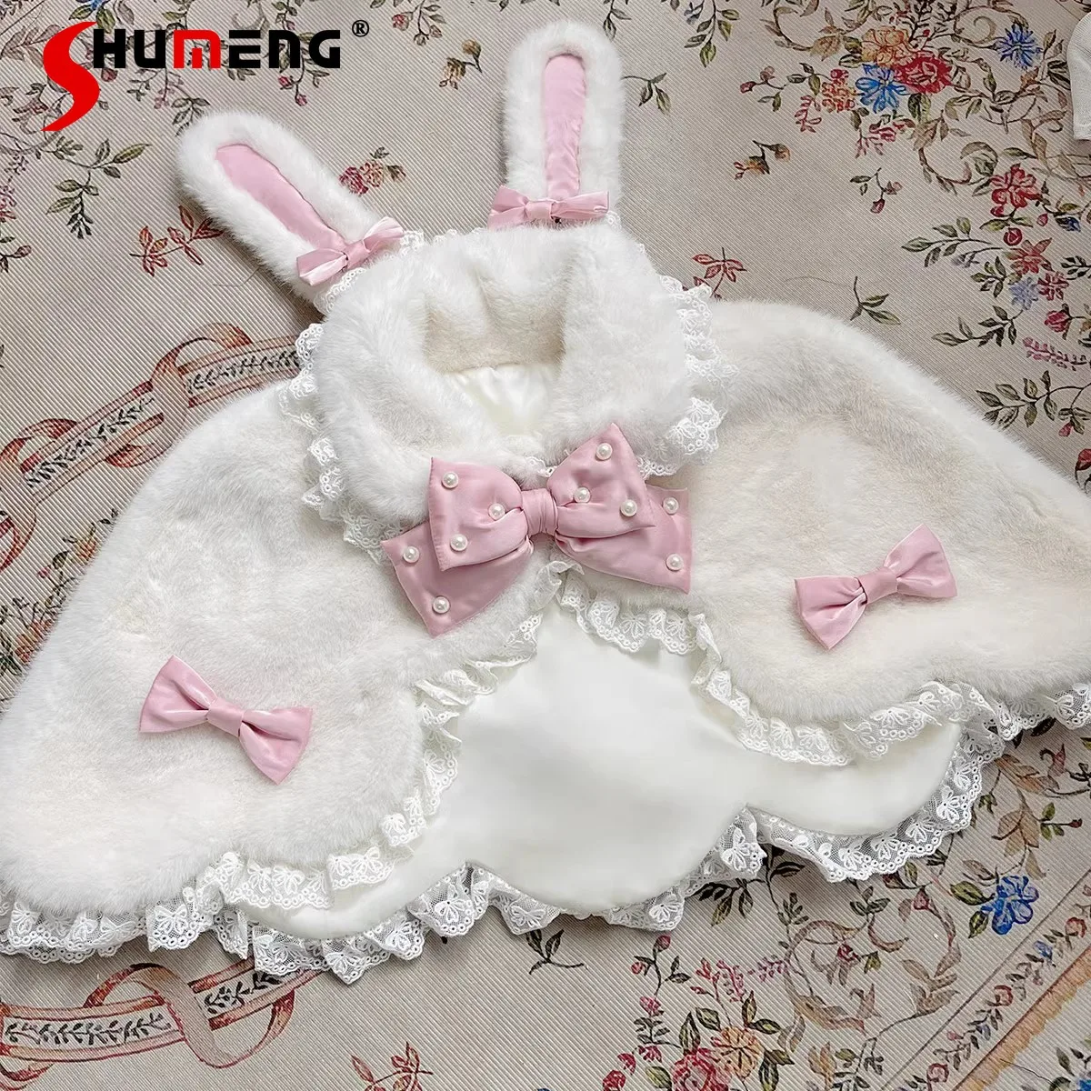 

Japanese Sweet Cute Rabbit Ear Doll Collar Bead Bow Lace Splicing All-matched Plush Shawl Short Lolita Cape Cloak Women Winter