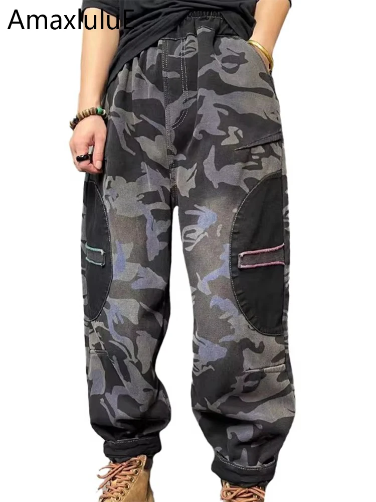 

Amax luluE Winter Fashion Womens Camouflage Fur Denim Pants Thicken Vintage Loose Jeans Ladies Warm Elastic Waist Harem Trousers
