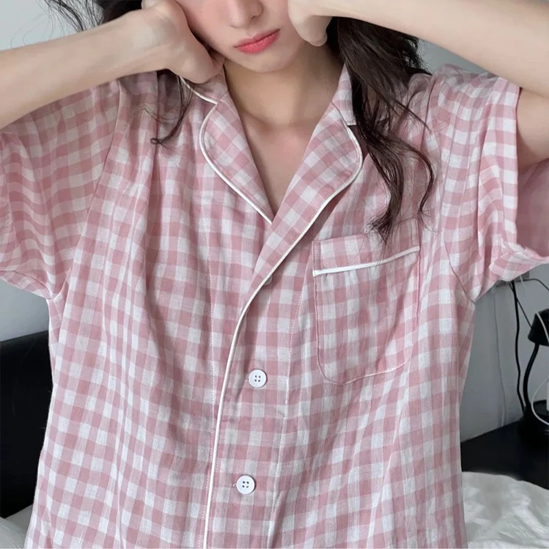 Summer Pajamas Women\'s Pajamas Set Sleepwear Girls Plaid Homewear Femme Nightwear Button Tops and Shorts Pajama