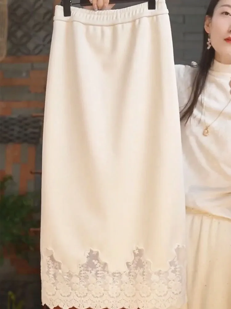 Zimowa spódnica Thiened Fce o kroju litery A, z elastyczną talią, koronkowymi wstawkami, efektowna spódnica o długości do kolan, chiński styl.