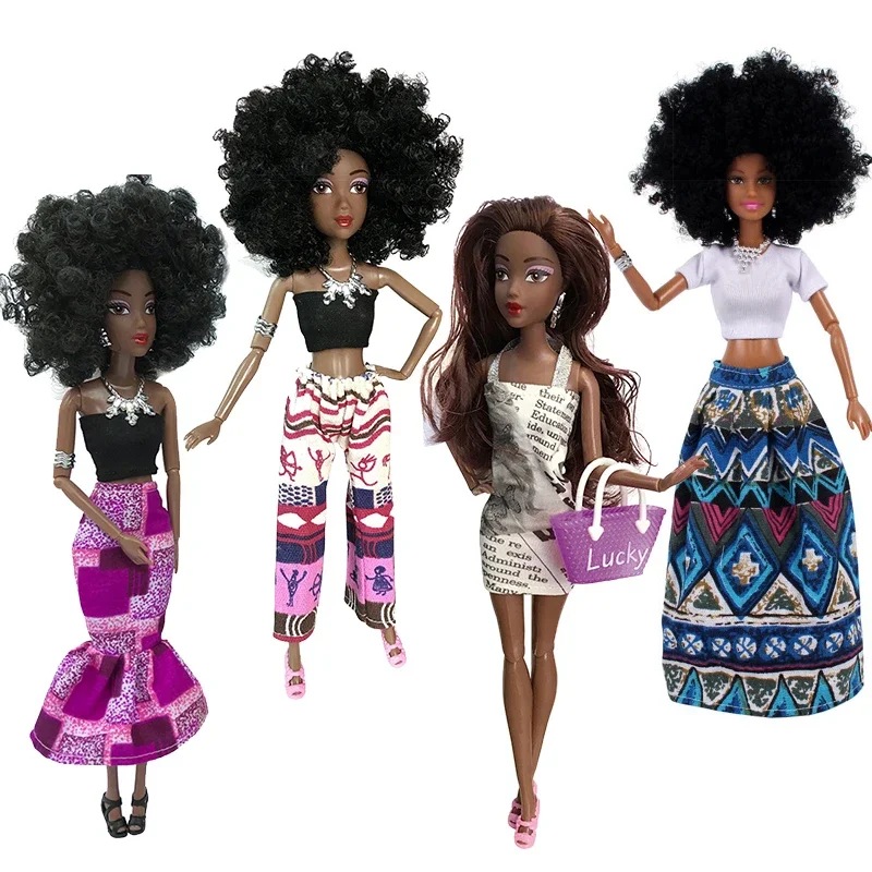 32cm Fashion Articulated Black Barbie Doll Dark Skinn Body with Ethnic Print Clothes Dolls for Girls African Popcorn Hairstyle