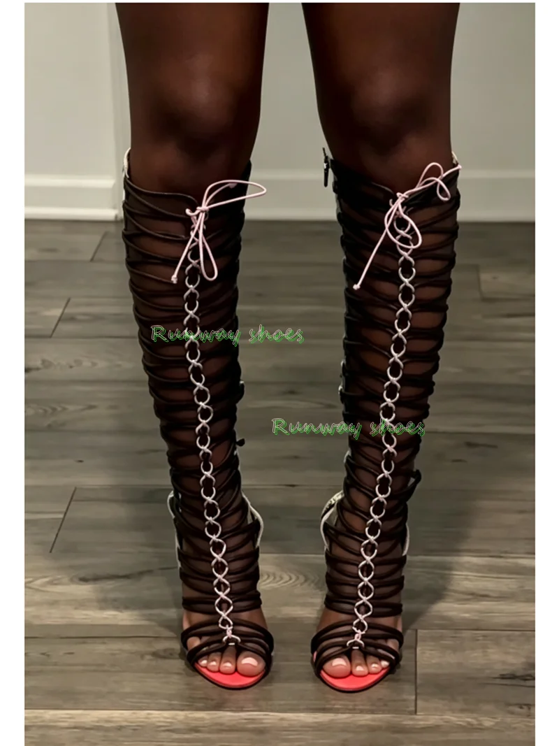 Knee High Boots Women - Gladiator Over-The-Knee Sandals Metal Chain Decorate