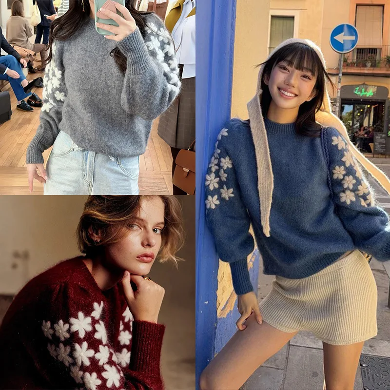 

【Gift Free】2025 Autumn Winter Fashion 3D Floral Crochet Puff Sleeve Solid Color Round-Neck Pullover Knit Sweater for Women