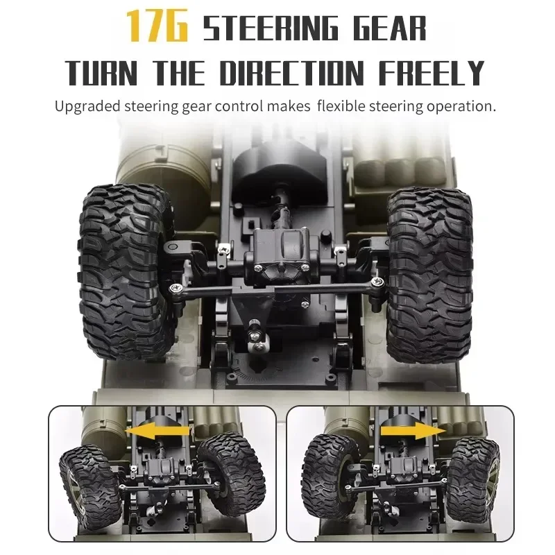 2.4GHz 6x6 zdalnie sterowana ciężarówka wojskowa w skali 1:12 terenowy pojazd terenowy z silnikiem o wysokim momencie obrotowym elastyczny układ