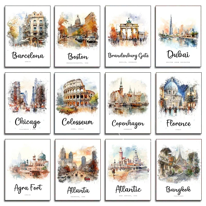1pc frameless Canvas Painting City Landscape Travel Poster Barcelona Boston London Paris Canvas Painting Art Picture Watercolor