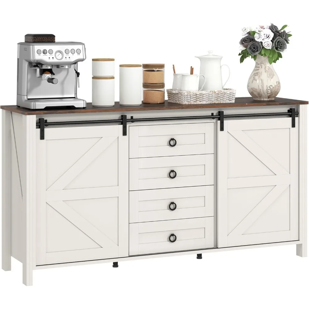 Farmhouse Sideboard Buffet Cabinet with Storage,60" Kitchen Cabinet with 2 Sliding Barn Doors,4 Drawers and 2 Adjustable Shelves