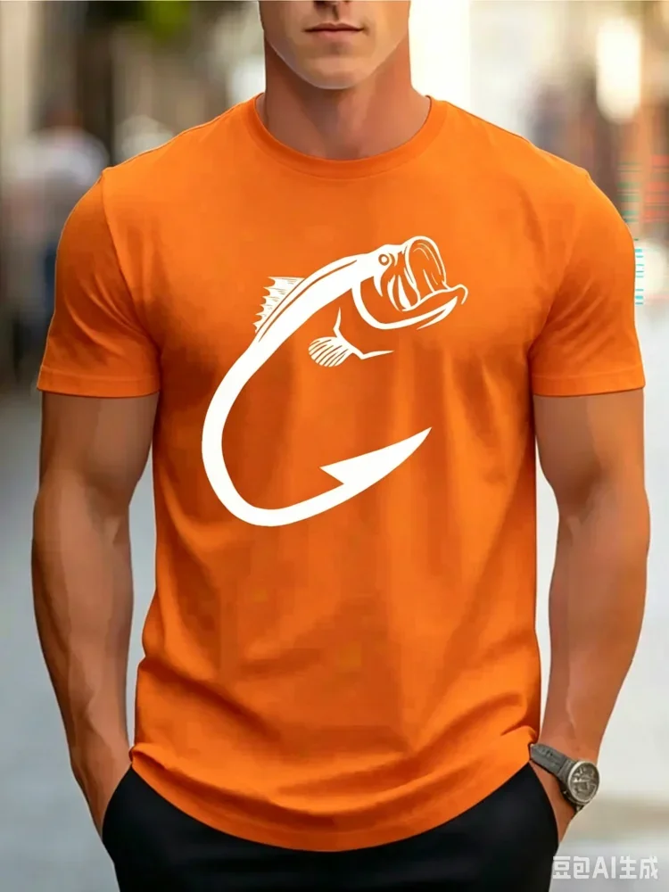 Fashion Men's Fishing Pattern Printed T-shirt Funny Fish Graphic T Shirt Summer Casual Crew Neck Short Sleeve Street Men's Tops