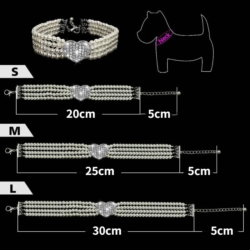 S/M/L 4 Rows Dog Cat Pearls Necklace Bling Rhinestone Heart Decor Collar Necklace Pet Puppy Jewelry Accessories