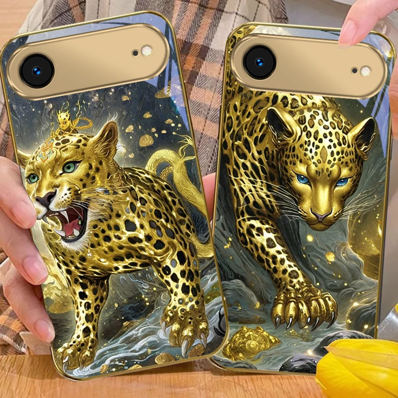 Shenwei Leopard Pattern For iPhone Air 17 Pro Max 16 15 Pro 14 13Plus 12mini 11 17Air XR 16E 17ProMax Golden glass phone case