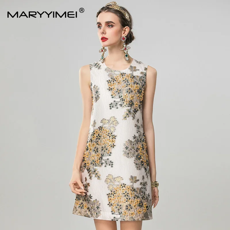 MARYYIMEI Frühling Sommer Neue Stil Vintage Designer Kleid Frauen Perlen Ärmellose Jacquard Kurze Kleider High Street Kleidung