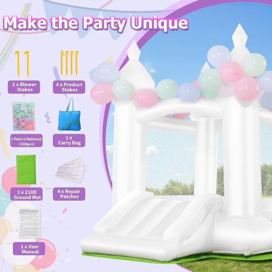 Casa inflable de rebote blanca para celebración, con soplador UL, portátil, Castillo hinchable 3 en 1 de color blanco sonroso para patio trasero interior y exterior
