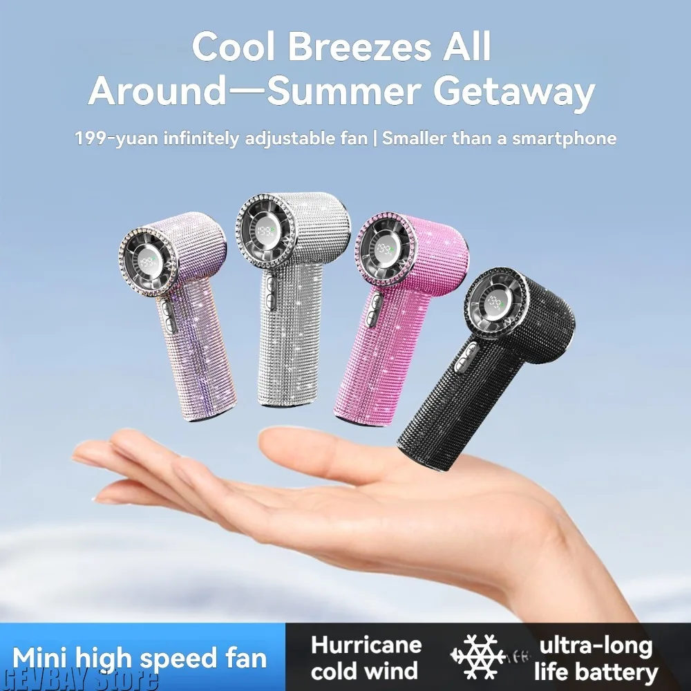 199‑Speed Handheld Portable Fan, Diamond‑Decor Strong Wind Ice Cooling Fan Type‑C Rechargeable Mini Fan for Outdoor Travel