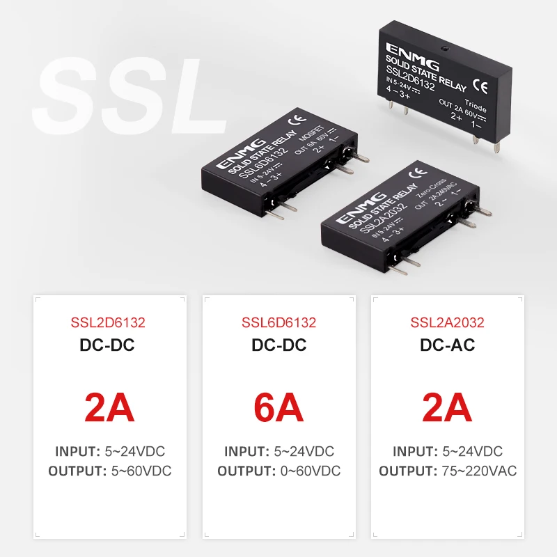 ENMG Ultra-compact low-profile solid state relay 5V12V24V  PLC interface type SSL6D6132 DC control DC AC 6A 2A one normally open