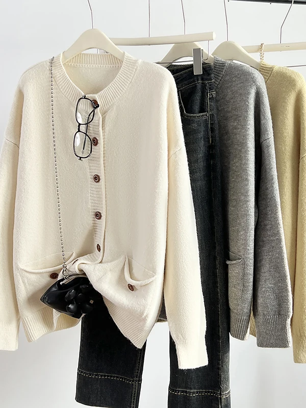 Loose round Ne Knitted Sweater Pure Color Open Cardigan Women's Autumn Winter New Sle Simple Korean Sle Tagl