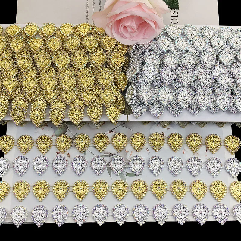 8 Yards 2.5cm Wide Teardrop shape Rhinestone Chain Trim Flowers Crystal Beaded Laces DIY Trim for Clothing Wedding Dresses