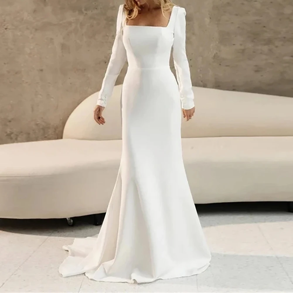 

Elegant Simple Satin Wedding Dresses Long Sleeves Solid Ivory Mermaid Square Collar Bridal Party Gowns 2025 Customized