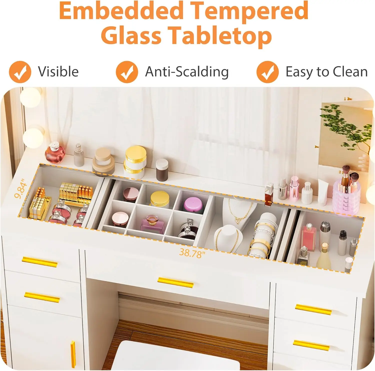 Oświetlana toaletka z białym lustrem, szklanym blatem, gniazdem elektrycznym i 7 szufladami do przechowywania, dostępna w 3 opcjach kolorystycznych.