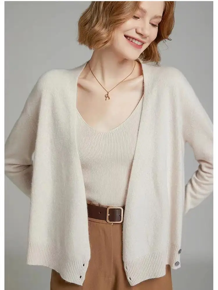 

Women's 100% Merino Wool Sweater Cross V-neck Cardigans Office Lady Knitwear Autumn Winter Cashmere Simple French Style Clothing