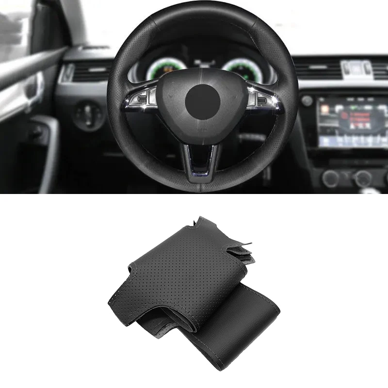 

For Skoda Octavia Superb Citigo Fabia Rapid 2013-2019 Roomster Kodia Yeti Car Steering Wheel Cover Trim Black Perforated Leather
