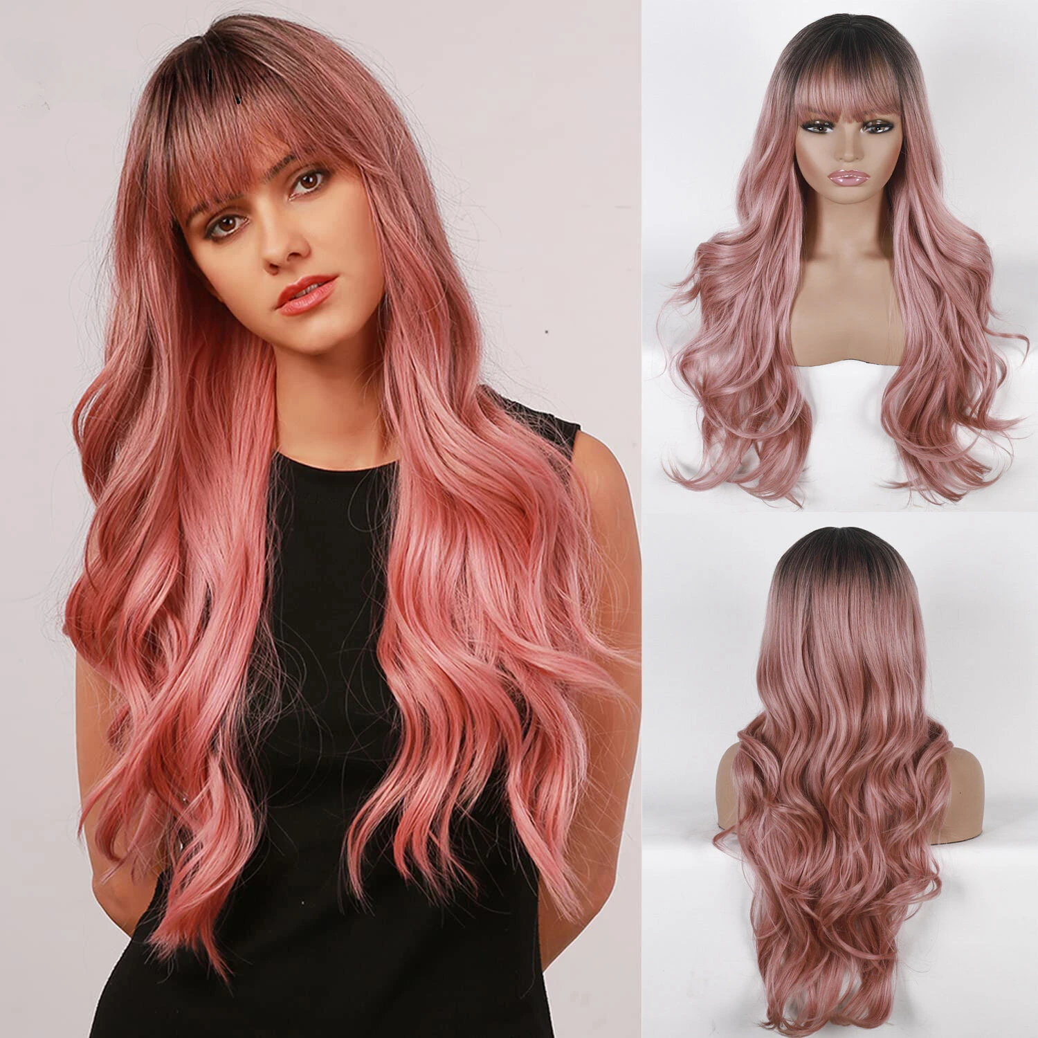 Long Body Wavy Ombre Brown Pink Synthetic Wigs with Bangs for Women Daily Party