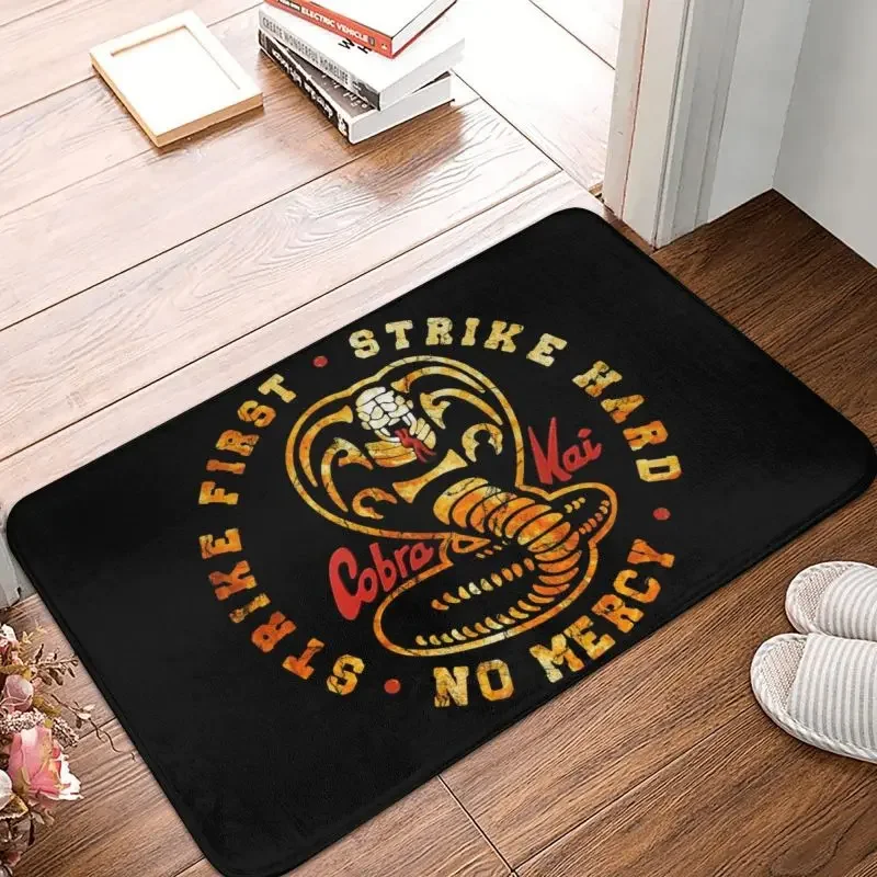 Personalized Vintage Cobra Kai Mat Anti-Slip The Karate Kid Strike First Strike Hard No Mercy Kitchen Bath Bedroom Rug Carpet