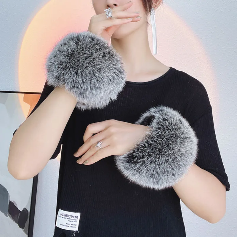 Real Fox Fur Cuffs For Women Coat Wrist Sleeve Fur Bracelet Oversleeve Natural Fox Fur Sleeves Fluffy Fur Cuff Thick Arm Warmer - view 6