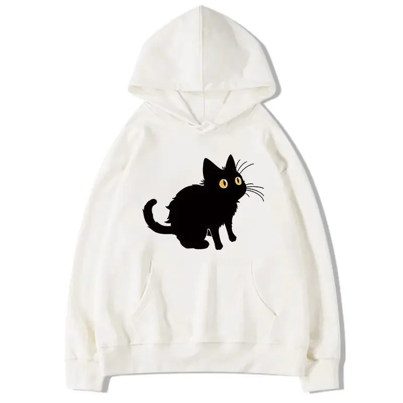 Women Long Sleeved Hooded Sweater Korean Version Minimalist Cat Print Loose Casual Top Girl Clothing Autumn New Ins y2k clothing