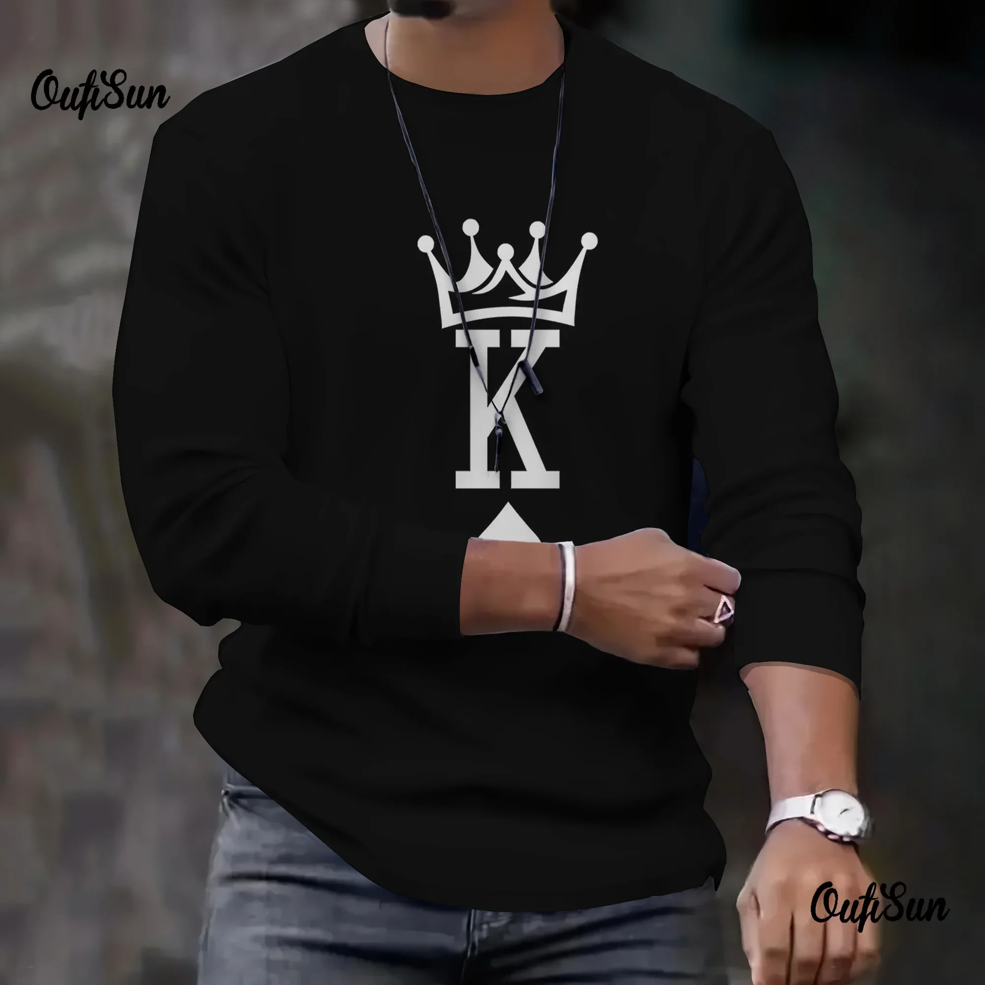 

2025 New Arrival Fashion Men's Long Sleeve T-shirts crown Printed Loose O-neck Tops Oversized Daily T Shirt For Men's Clothing