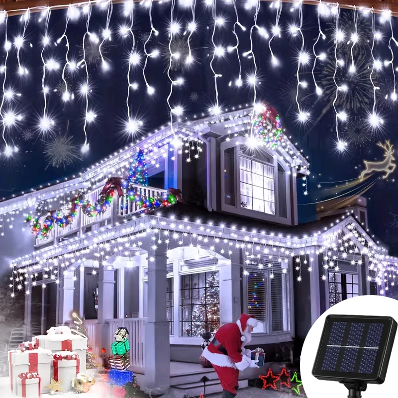 3.5M96LED-7M162LED Solar Icicle Fairy Lights Outdoor IP54 Rating Warm White Colorful 8 Lighting Modes Christmas Wedding Decor