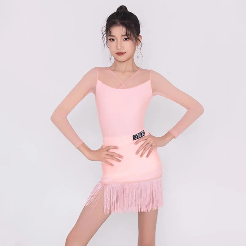 

Pink Latin Competition Suit Kids Dance Top Tassel Skirt Girls ChaCha Performance Costume Samba Rumba Stage Wear Practice Clothes