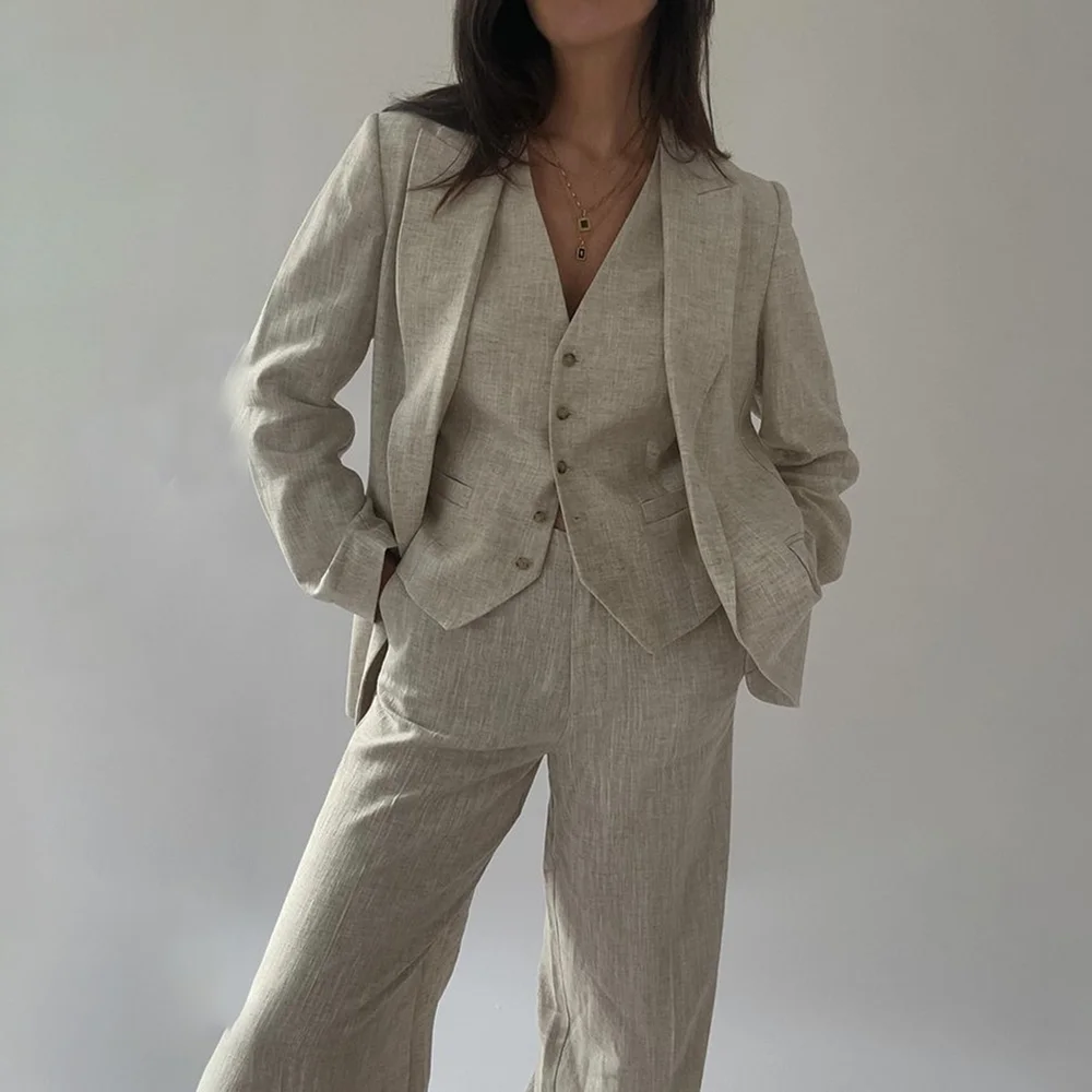 Trajes de lino de verano para mujer, trajes de 3 piezas a la moda con solapa de pico y una botonadura, conjuntos de pantalones informales básicos