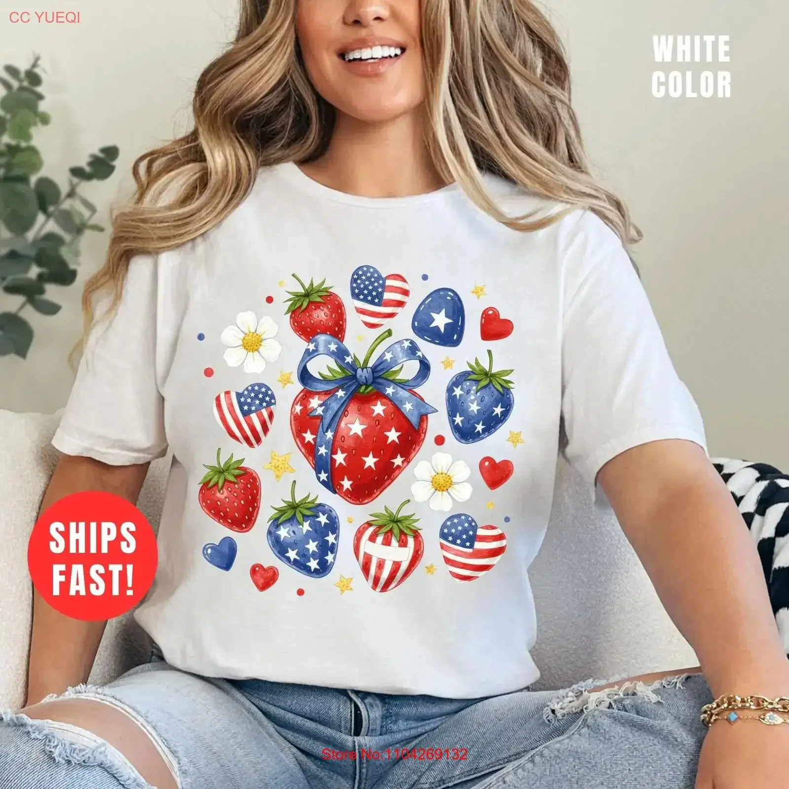 Patriotic Strawberry T Shirt Independence Day Summer Casual for Her Fourth of July Apparel vintage Washed Comfortable Unisex