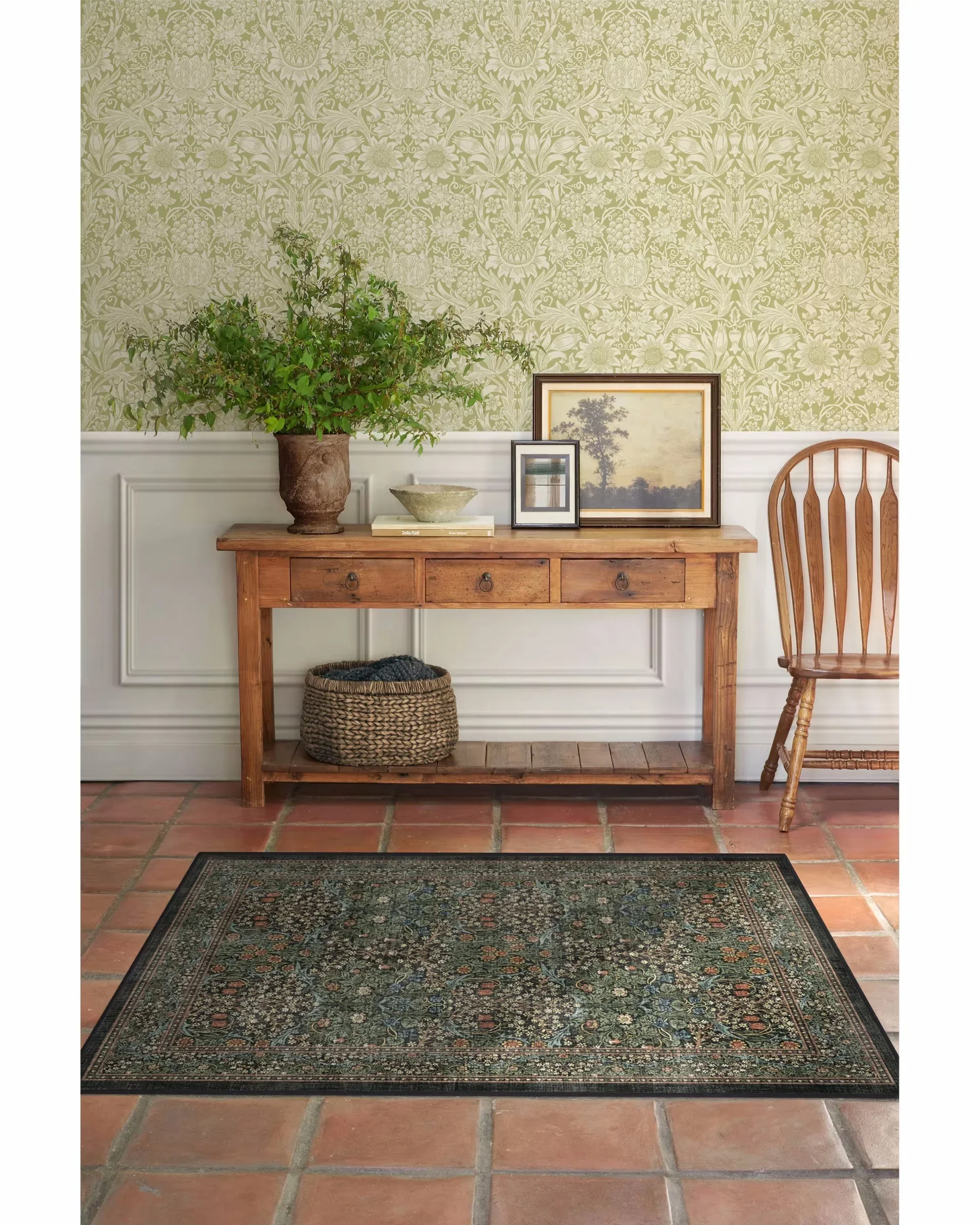 Morris & Co. Blackthorn Forest Green Rug maximalist rug indoor home living room bedroom art decoration carpet art floral carpet