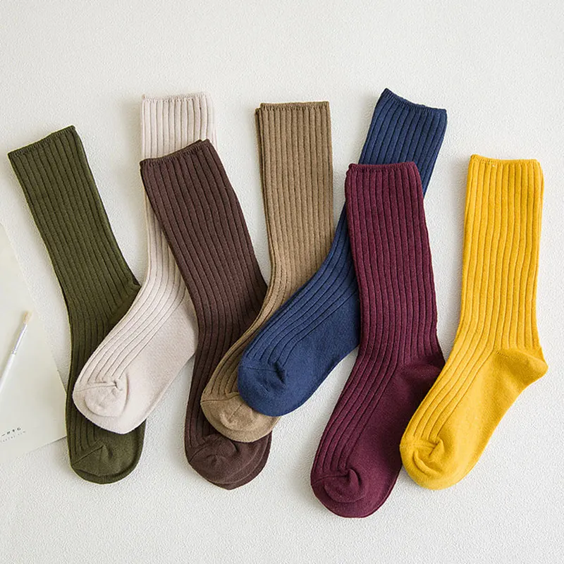 Solid Harajuku Retro Women Cotton Socks for Winter Autumn Korean Middle tube Socks for Women Comfortable Cotton Stacked Socks