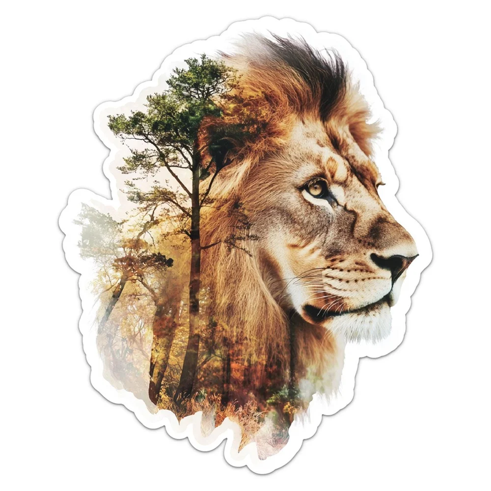Double Exposure Lion Wild Animal Vinyl Car Sticker Self Adhesive Decal for Rear Window and Laptop Exterior Decoration