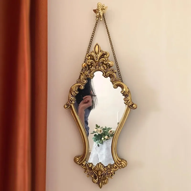 Retro carved beauty mirror, mid-century light luxury wall-mounted European mirror, makeup mirror combination decorative painting