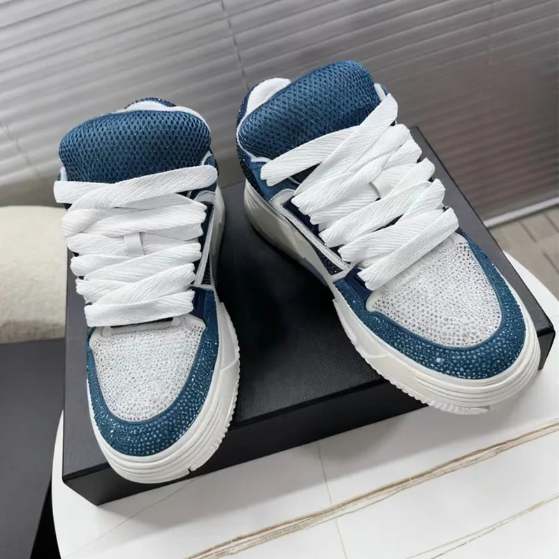 

New Color Blocked Genuine Leather Rhinestone Full Diamond Fashionable Casual Shoes, Trendy Thick Soled Sports Shoes, Dad Shoes