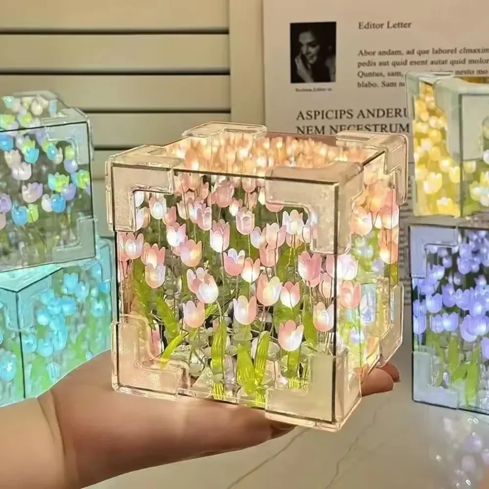 

DIY Tulip Mirror Cube Lamp Simulation Artificial Flowers Bedroom Table Lamp Handmade Craft Tulip Mirror Night Light Birthday