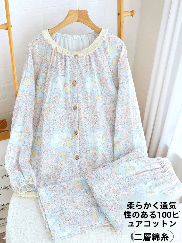 vetements-d'interieur-100-coton-pour-femme-printemps-automne-en-gaze-de-coton-pur-a-motifs-dessin-anime-pompon-dentelle-motif-ours-fleur-de-cerisier-col-rond