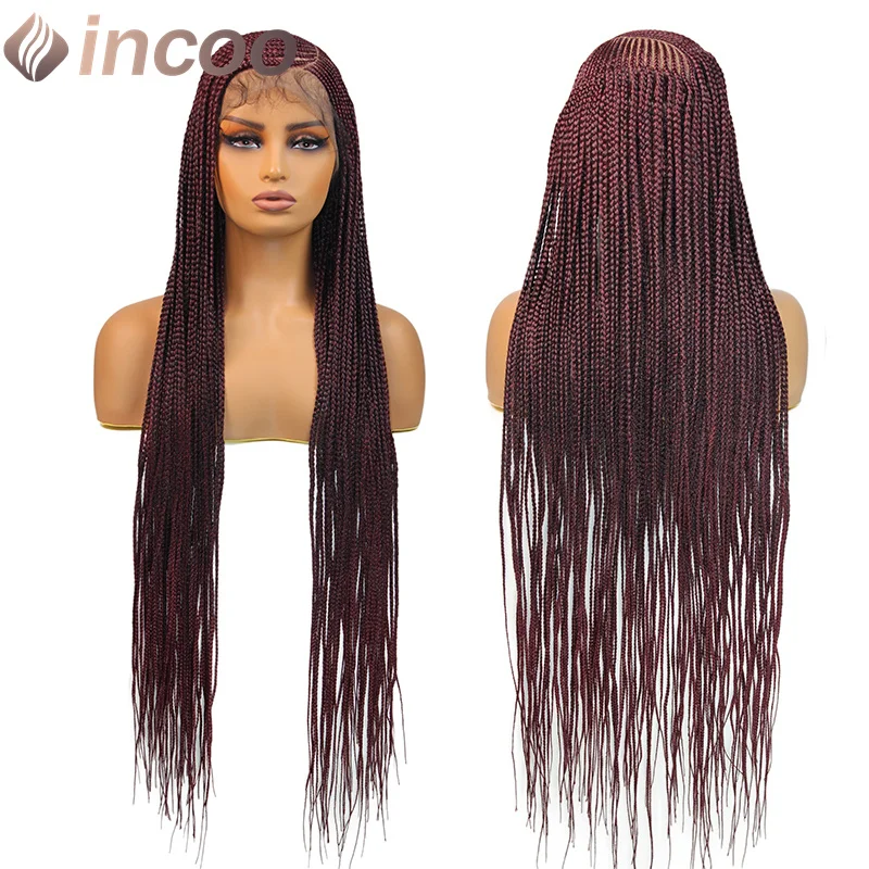 Wig kepang Corncow 36 inci dengan belahan samping, kepang kotak tanpa simpul, rambut sintetis full lace wig untuk wanita kulit hitam