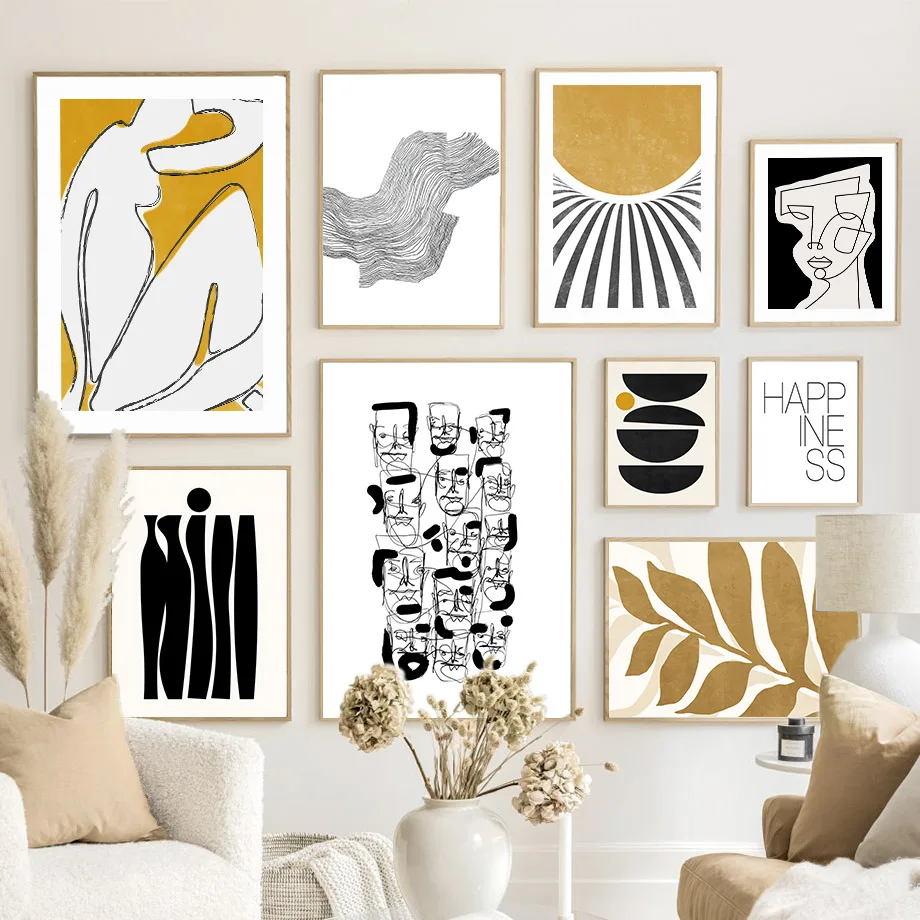 Leaves Line Face Cat Sun Geometry Abstract Wall Art Canvas Painting Posters And Prints Pictures For Living Room Home Decor
