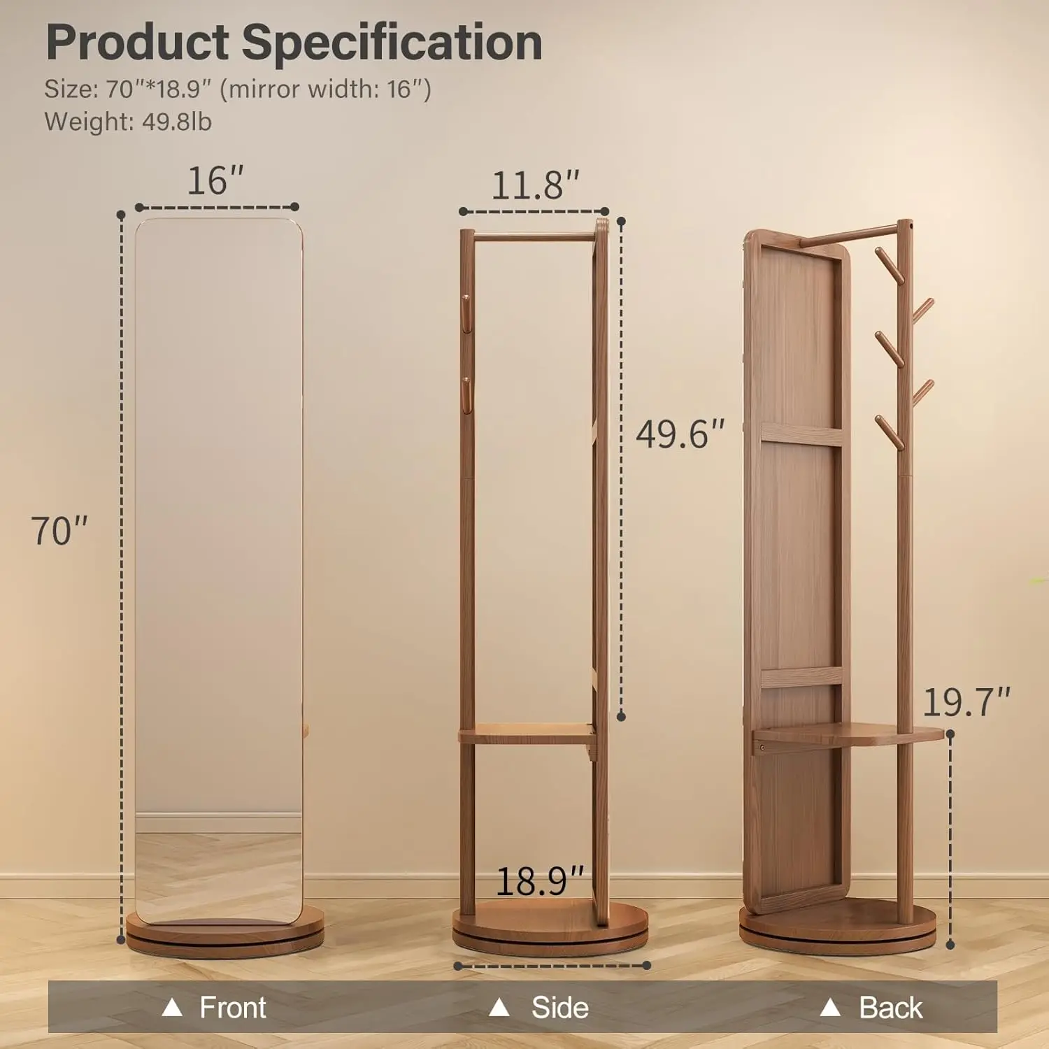 #US Stock Full Length Mirror Stand Coat Rack Solid Wood Floor Mirror Swivel 360 Degree Mid-Century Framed Design GT-CYJ035