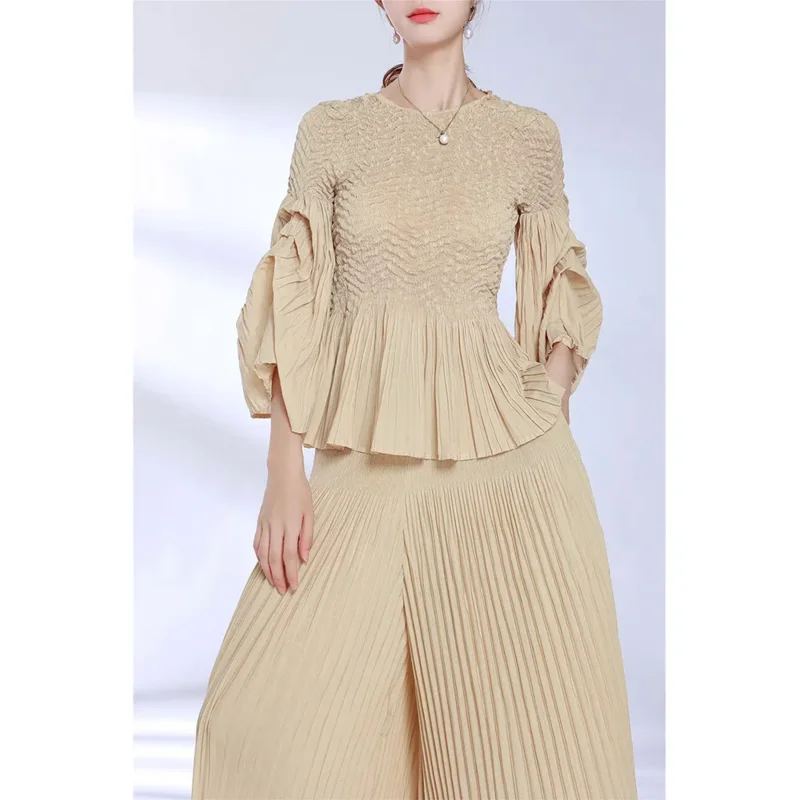 Miyake Pleated Pants Set Women\'s Autumn New Simple and Versatile Casual Short Top Loose Pants Wide Leg Pants Two Piece Set